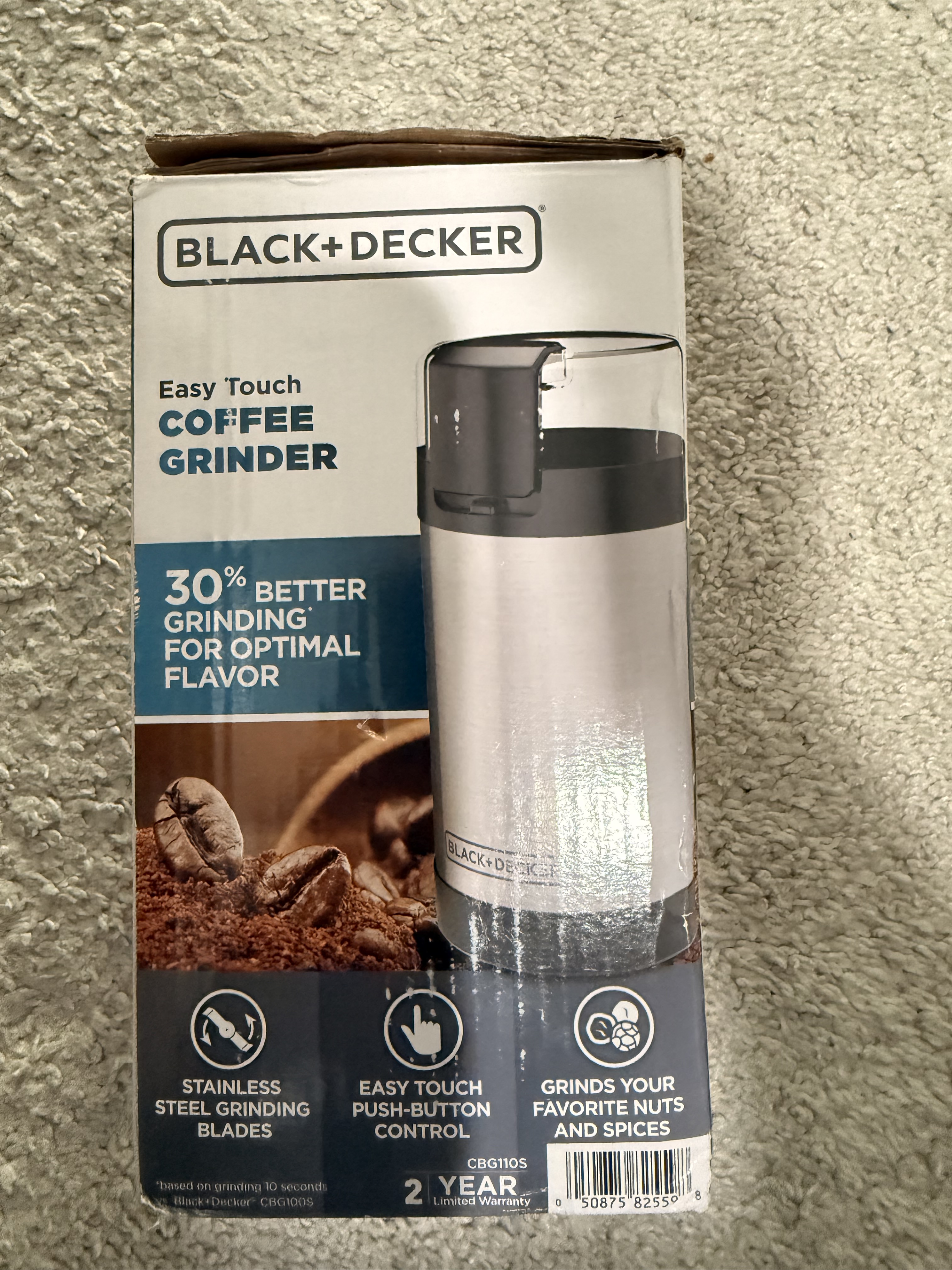 BLACK+DECKER One Touch Coffee Grinder, 2/3 Cup Coffee Bean Capacity, Spice Grinder, One Touch Push-Button Control -150 Watts -Stainless Steel Blades