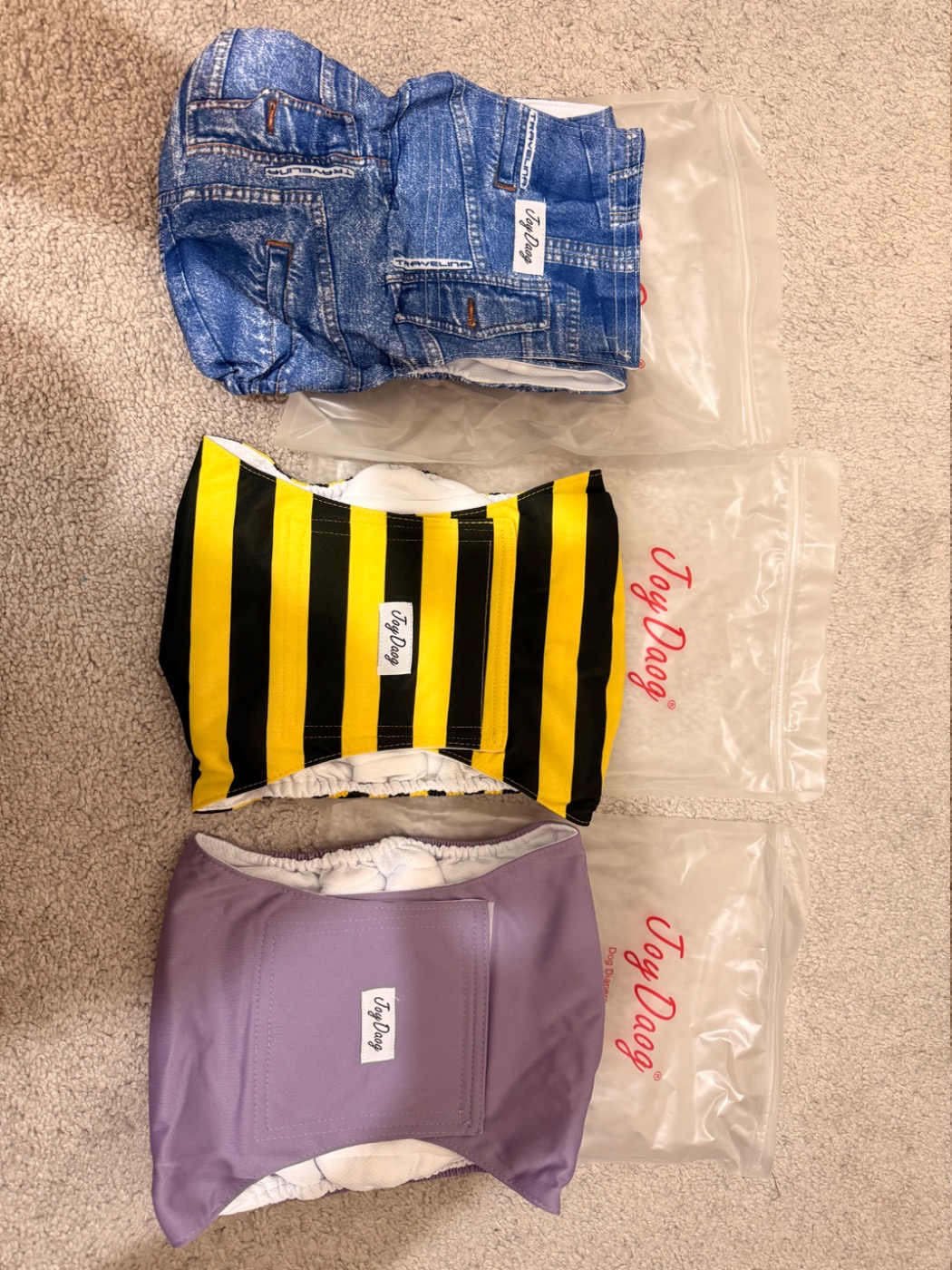 Reusable Wrap Diapers for Male Dogs, Washable Puppy Belly Band Pack of 3 (XL, 25"-29" Waist, Denim Blue / Yellow-Black Stripe / Lavender Purple)