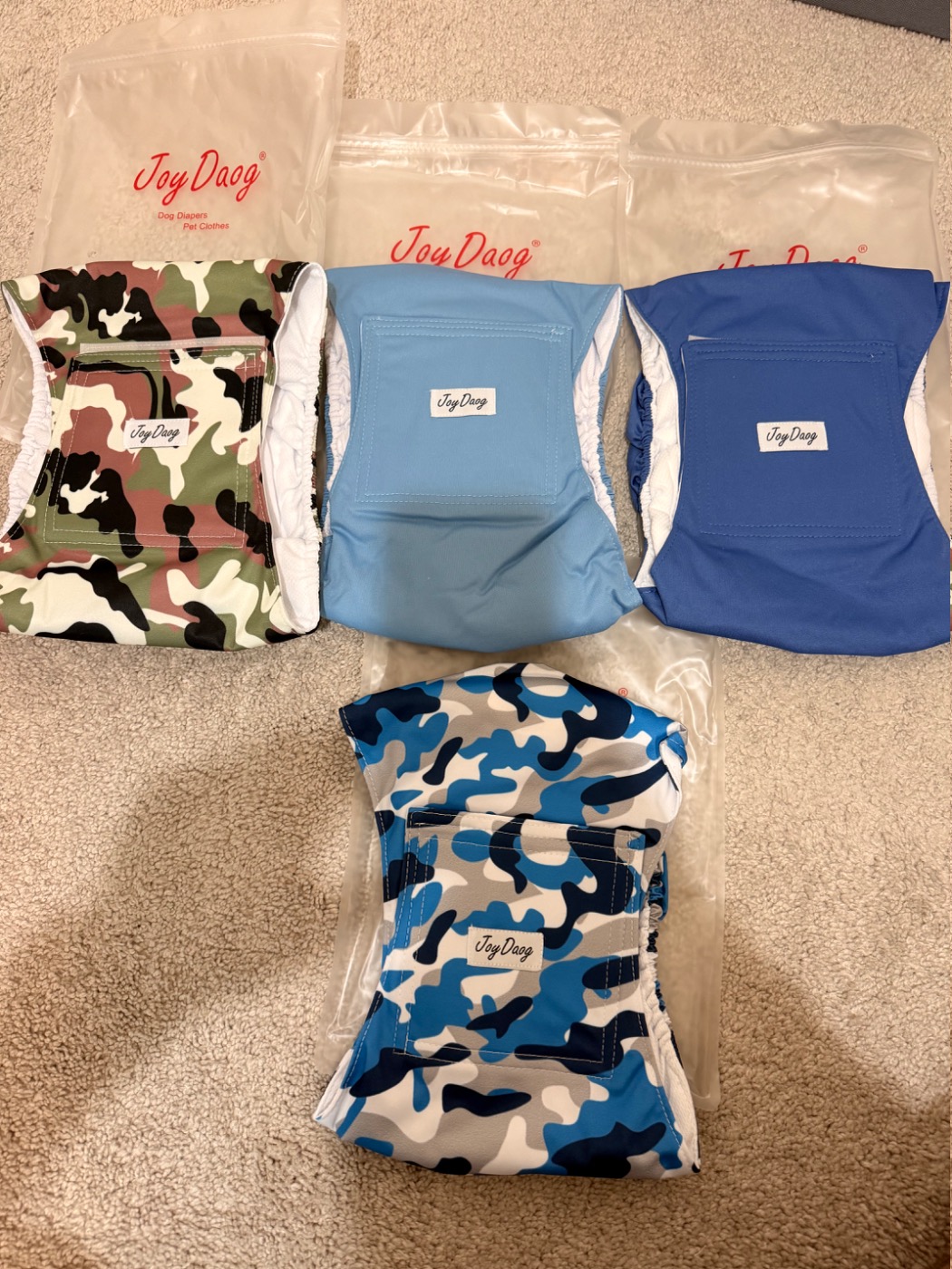 Reusable Wrap Diapers for Male Dogs, Washable Puppy Belly Band Pack 4 (XL, 25"-29" Waist, Army Camo / Light Blue / Royal Blue / Blue Camo