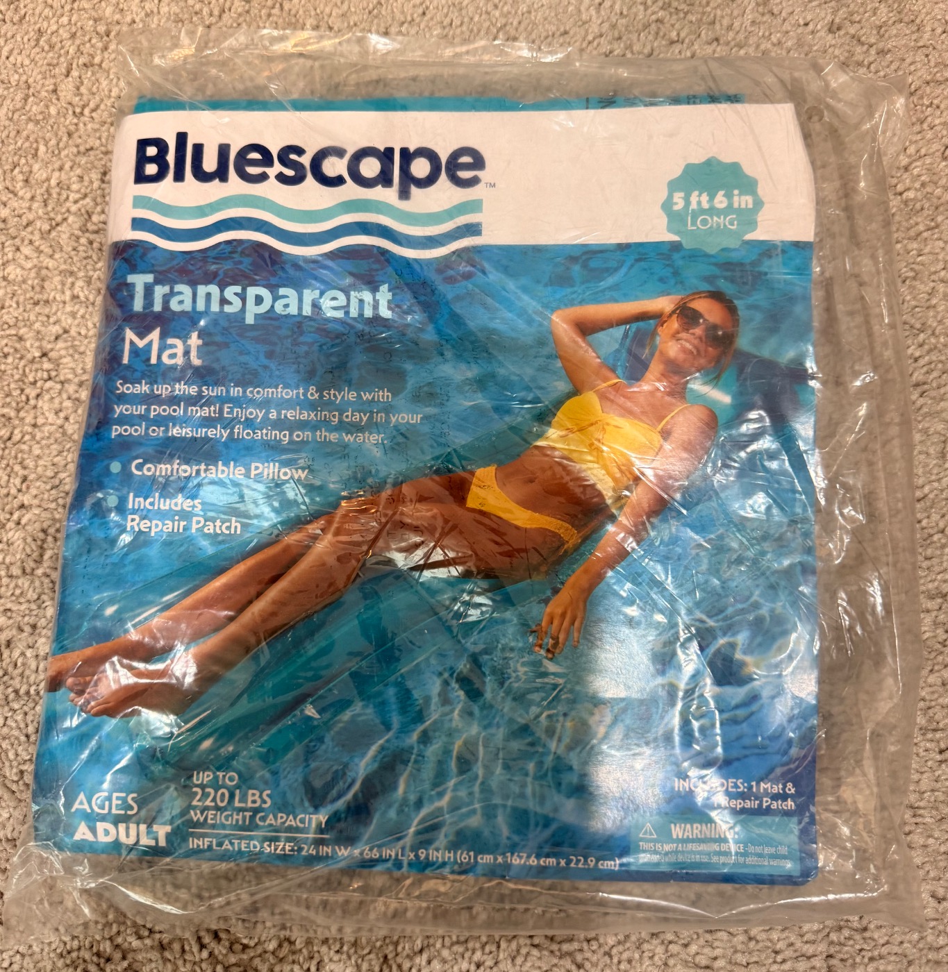 Bluescape Transparent Blue Air Mat, Inflatable Pool Float, for Over 14 Years Old, Unisex