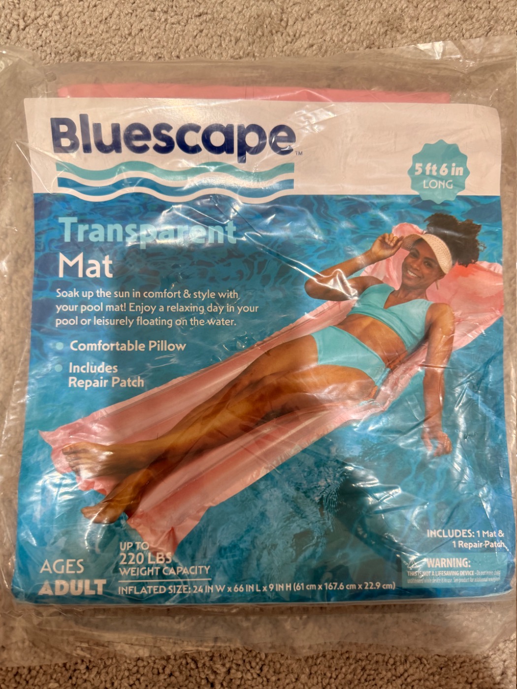 Bluescape Pink Transparent Air Mat, Inflatable Pool Float, Age 14 & up, Unisex