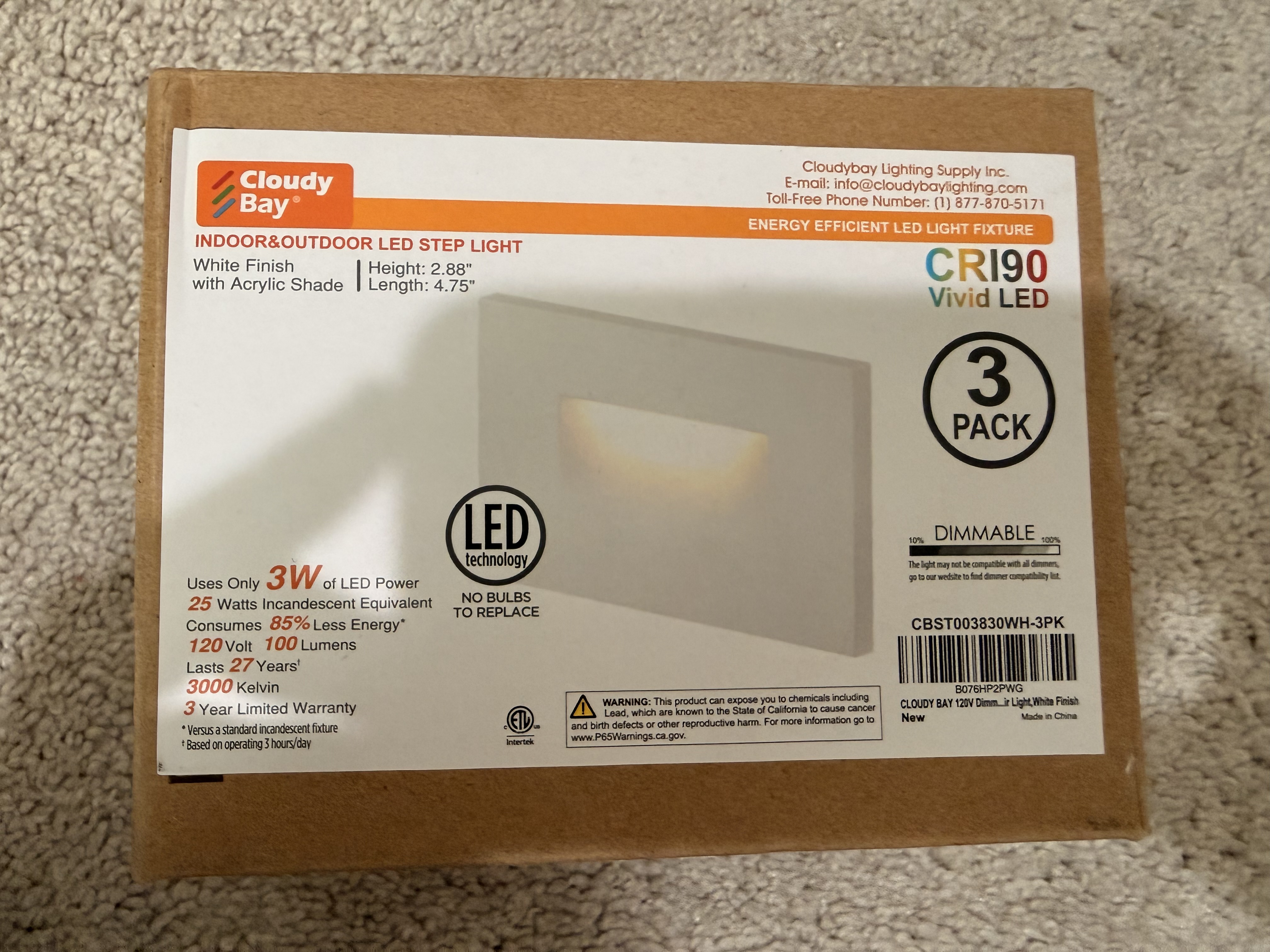 CLOUDY BAY 120V Dimmable LED Indoor Outdoor Step Light,3-Pack,3000K Warm White,Stair Light,White Finish