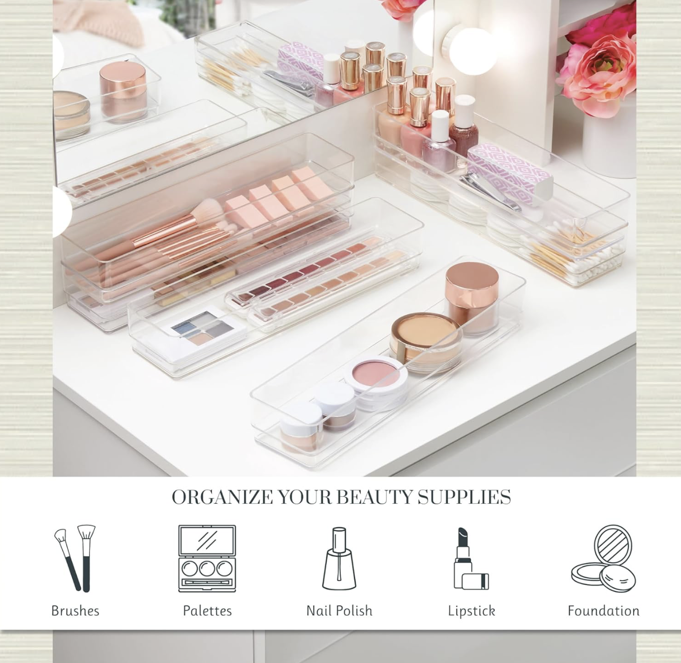 STORi SimpleSort 6-Piece Stackable Clear Drawer Organizer Set | 12" x 3" x 2" Rectangle Trays | Narrow Makeup Vanity Storage Bins and Office Desk Drawer Dividers | Made in USA