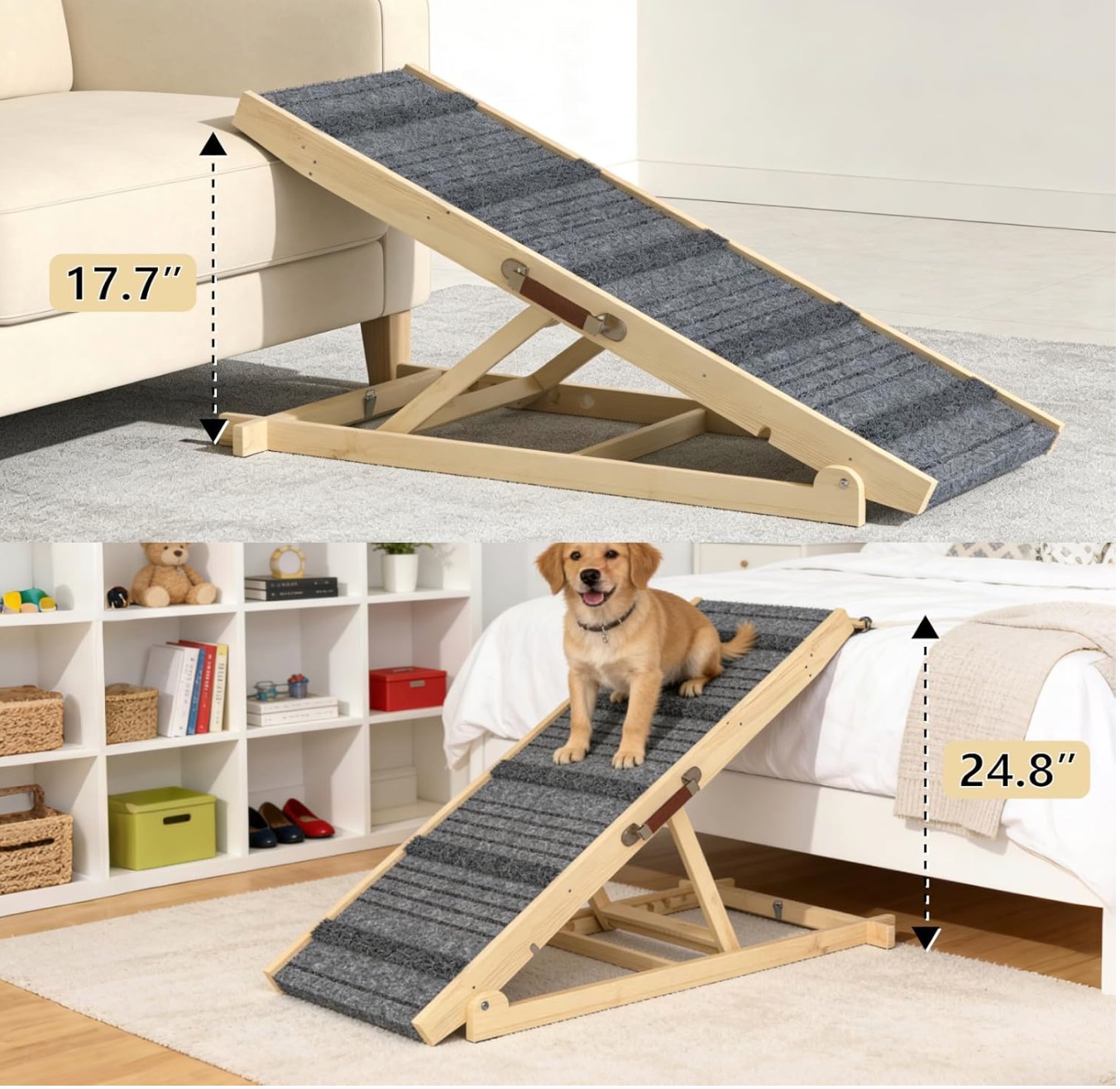 Dog Ramp for Bed, 40 Inch Dog Ramp for Couch, Supports Up to 150lbs, with 10.2" to 26.8" 7 Height Setting, Non Slip Carpet Surface and Foot Pads, Wooden Folding Pet Ramps for High Bed, Sofa