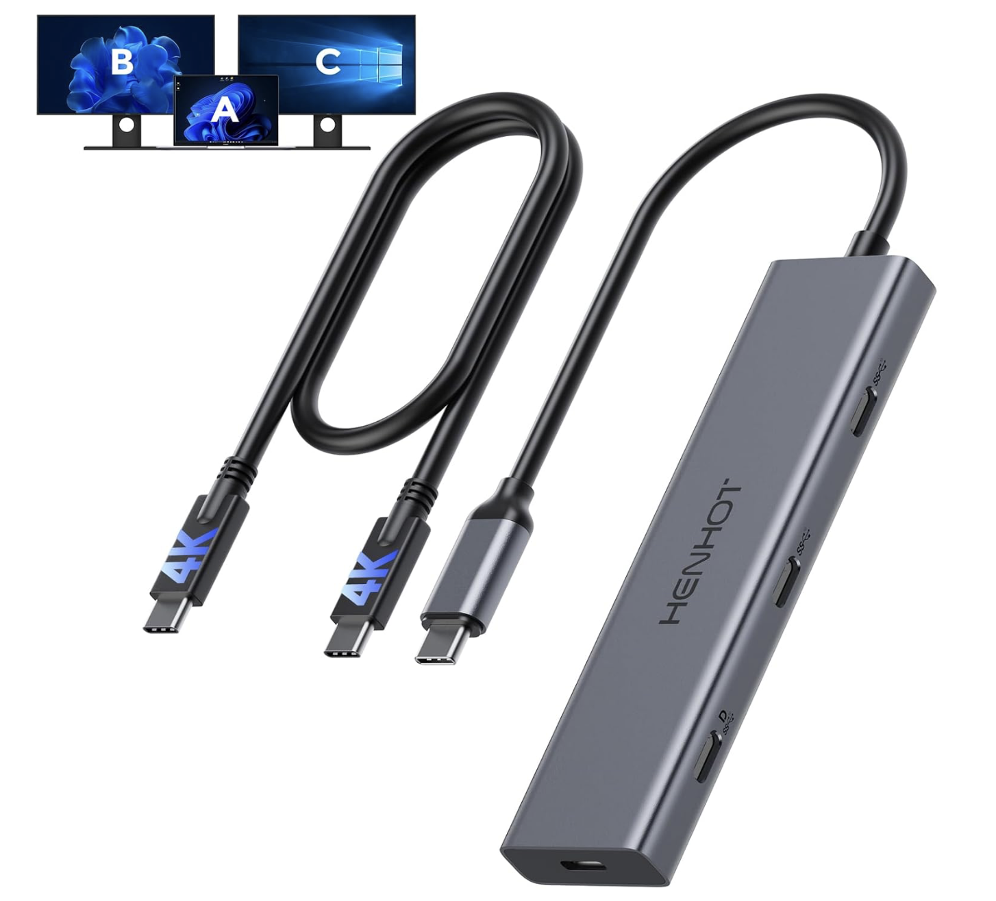 USB C Video Splitter Dual Monitor, 4-Port Docking Station with USBC 3.2 Gen 2 10Gbps.