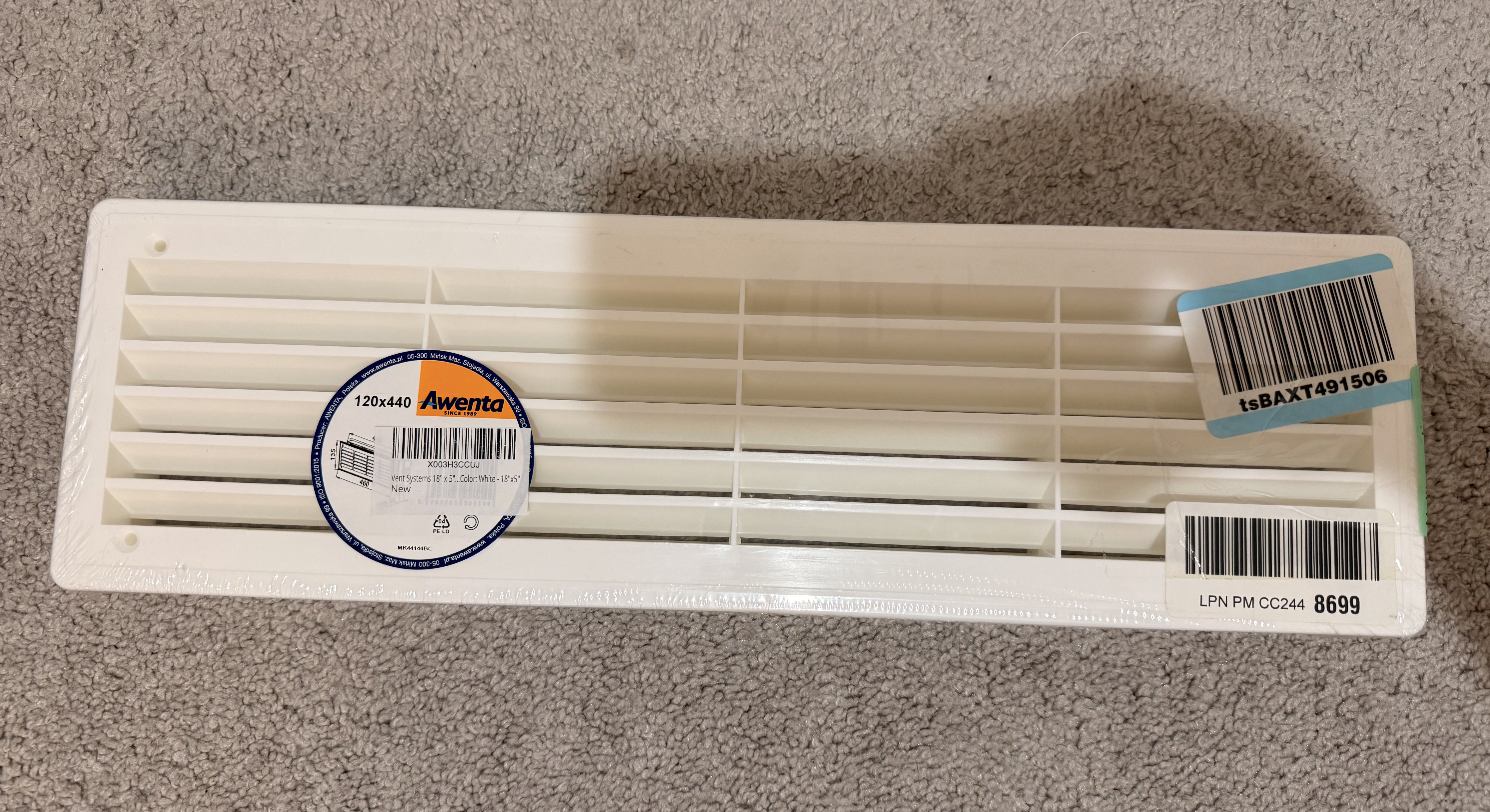 Vent Systems 18" x 5" Inch - Pack of 1 - White Plastic Door Air Vent Cover Grill