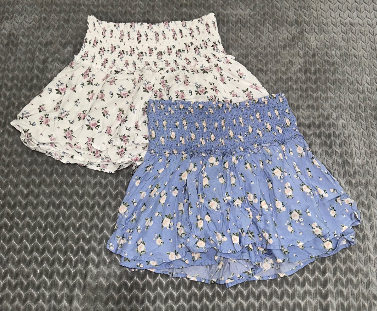 Hollister 2 Floral Smocked Mini Skirts – White & Blue Flowy Summer Skirts - Medium size for sale in Sealy, TX