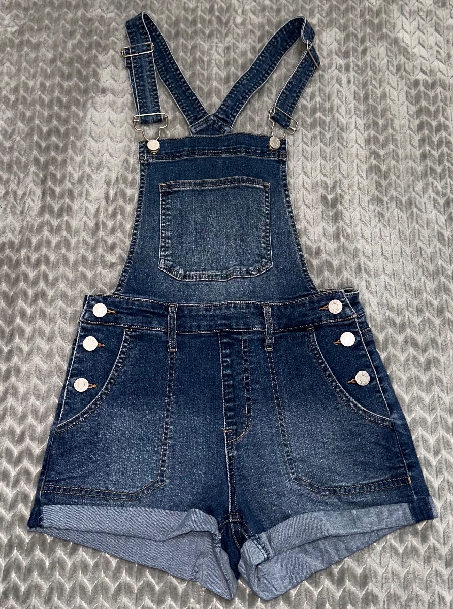 Denim Short Overalls – Dark Wash Cuffed – Size 25 (Fits S) – Adjustable Straps