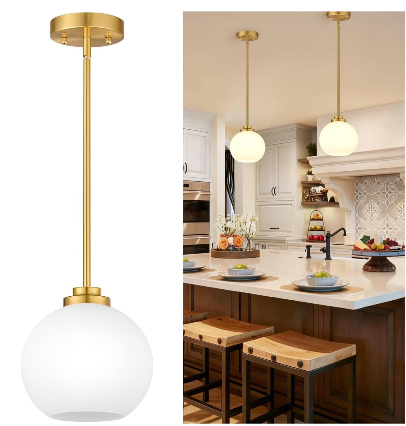 2 Pack 7.2-Inch Globe Pendant Lights, Mid Century Gold Pendant Light Fixtures