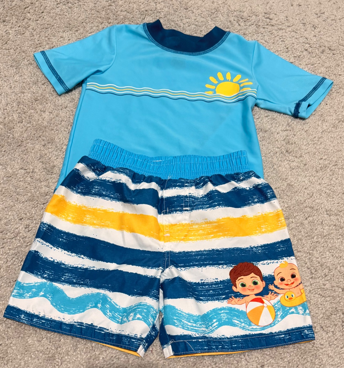 Cocomelon Toddler Boys Swim Set Size 18 Months Blue Rash Guard & Swim Trunks Pool Beach Outfit