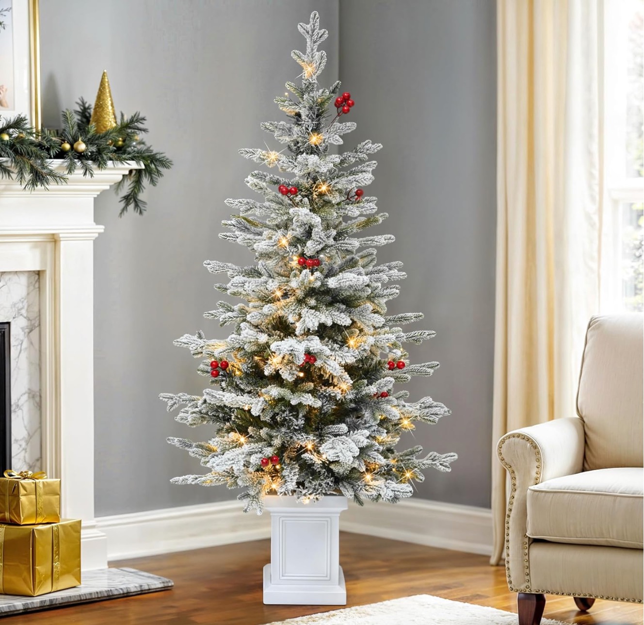 4.5 FT Potted Slim Pre-lit Flocked Arctic Fir Pencil Tree