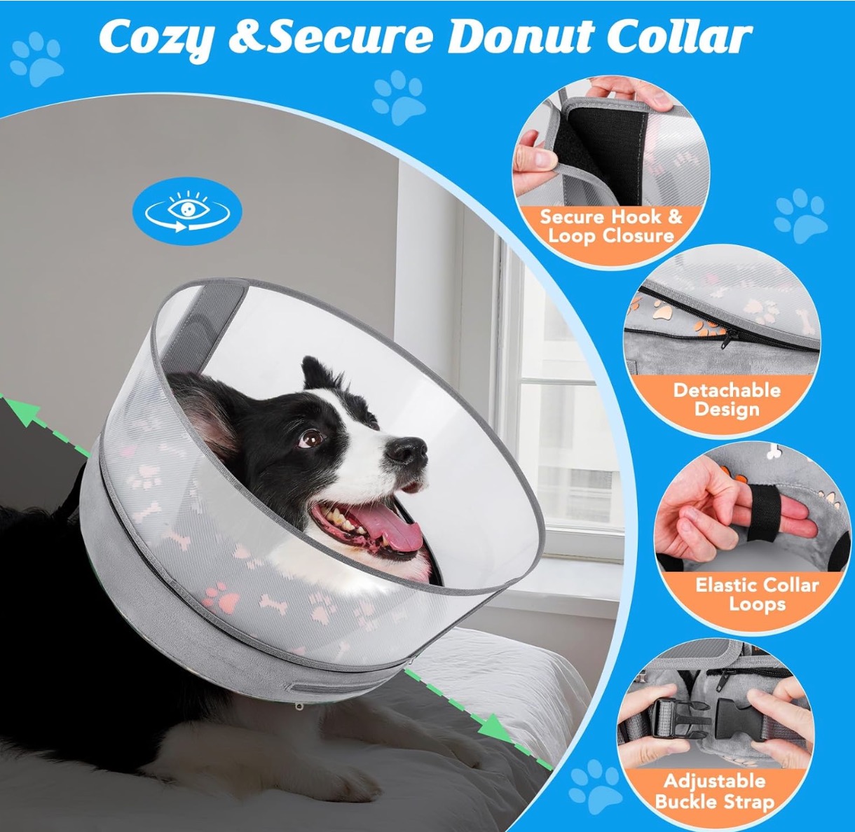 Inflatable Dog Cone with Anti-Licking Clear Shield (Sizes L)