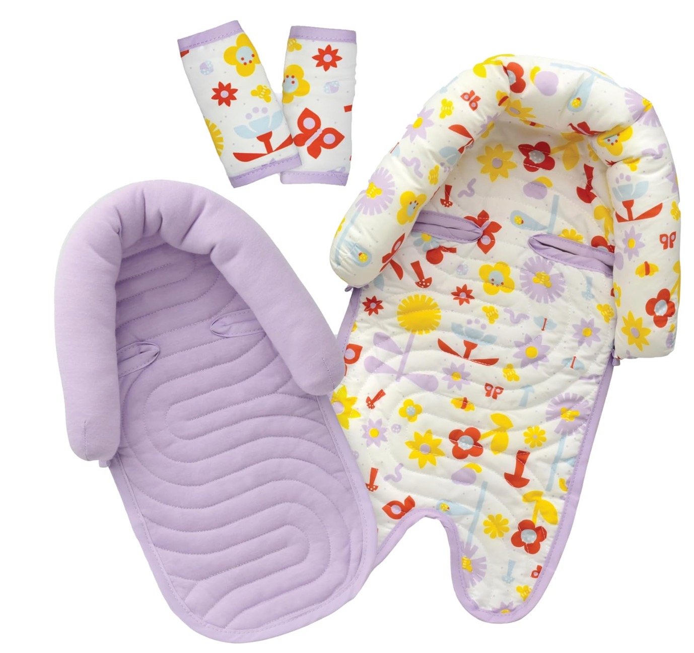 Duo Car Seat Head Support + Matching Strap Covers for Baby and Infant.