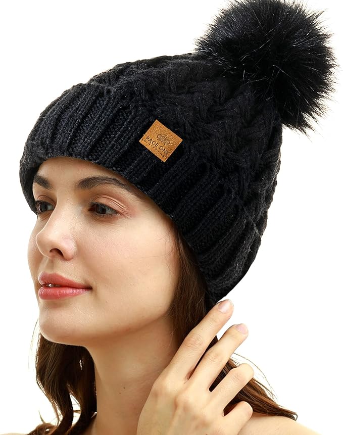 Womens Winter Ribbed Beanie Crossed Cap Chunky Cable Knit Pompom Soft Warm Hat