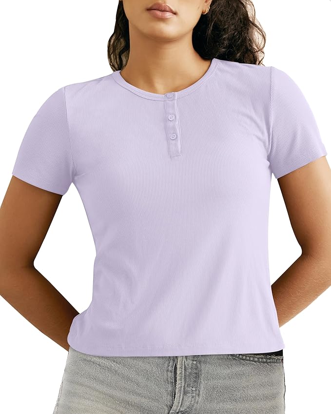 Womens Henley T Shirts Short Sleeve Slim-Fit Tees Tops for Women Trendy Fashion Blouse