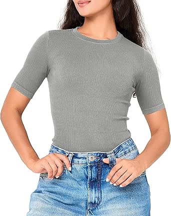 Women's Seamless Tight T-Shirts Slim Fit Basic Ribbed Tees Short Sleeve Crew Neck Top