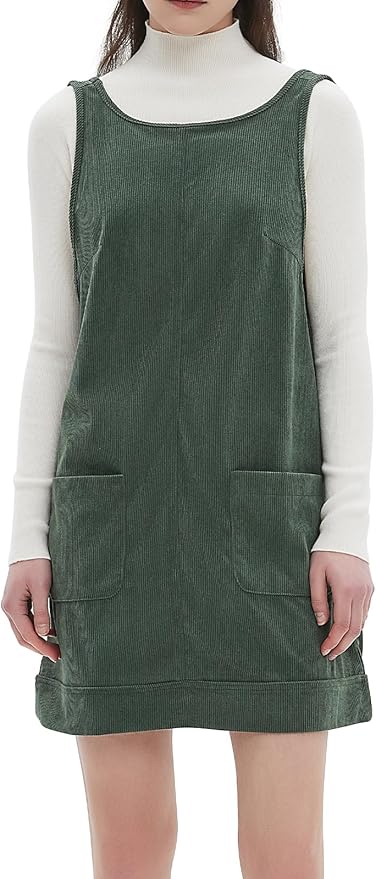 Women's Corduroy Overall Dress Round Neck Pinafore Wide Strap Mini Dress with Pockets