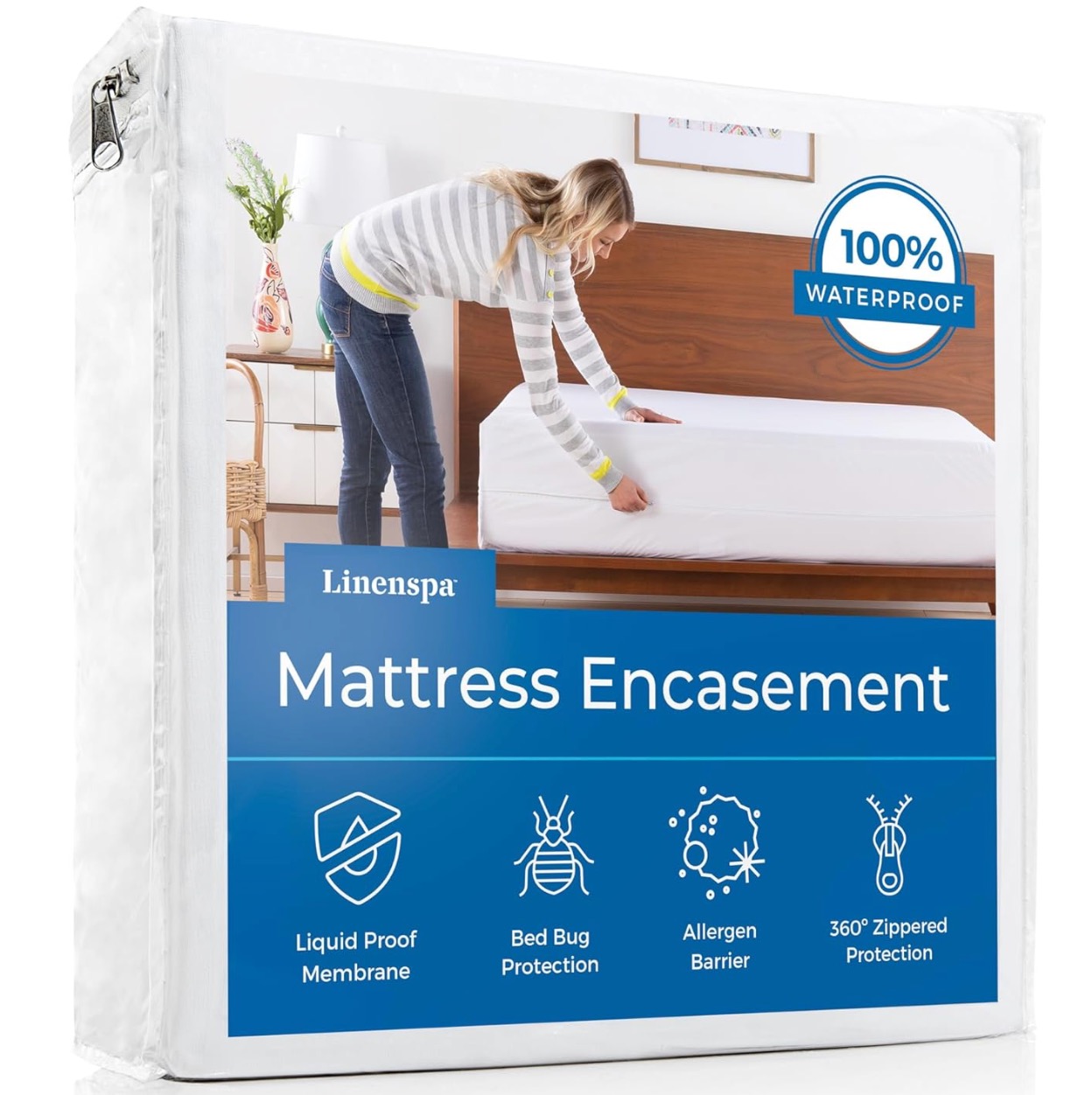 Linenspa Zippered Mattress Encasement – Twin XL Size Waterproof Mattress Protector – Quiet Cover & Complete protection – Dorm Room Essentials, White