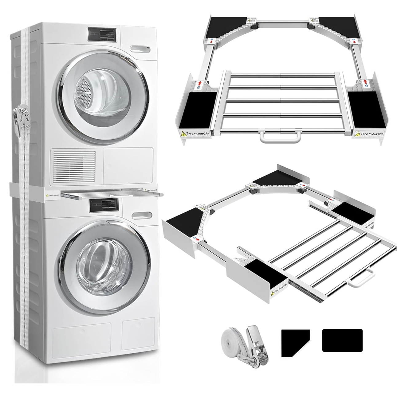 Washer Dryer Stacking Kit 29 inch, Universal Washer and Dryer Stacking Kit with Pull Out Drying Rack, Adjustable 29"/28"/27"/26"/25"/24" Stacking Kit with Ratchet Strap